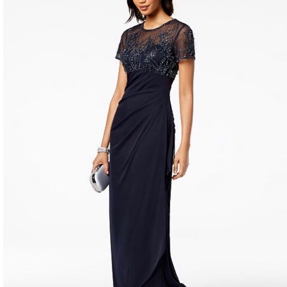 xscape beaded bodice chiffon gown